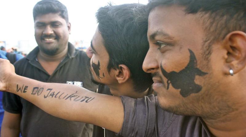 A youth sports a jallikattu tatoo on his face.