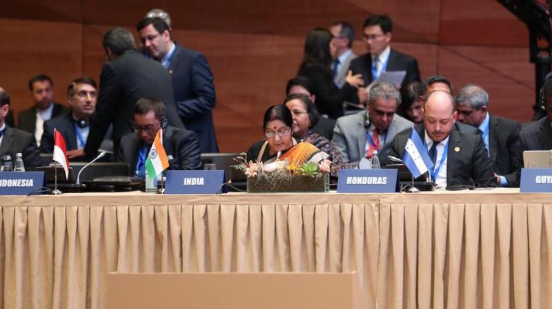 Sushma Swaraj was addressing the 18th mid-term ministerial meeting of the Non-Aligned Movement in Baku on Thursday (Photo: Twitter/ MEAIndia)