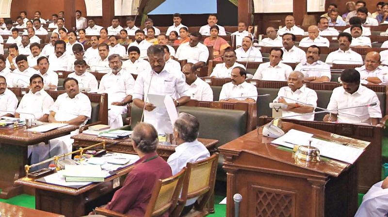 Chief Minister O. Panneerselvam addresses the Assembly on Friday. (Photo: DC)