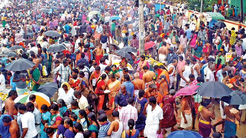 The huge congregation of pilgrims at the Agni Theertham shore in Rameswaram on the occasion of Thai Amavasai on Friday. (Photo: DC)