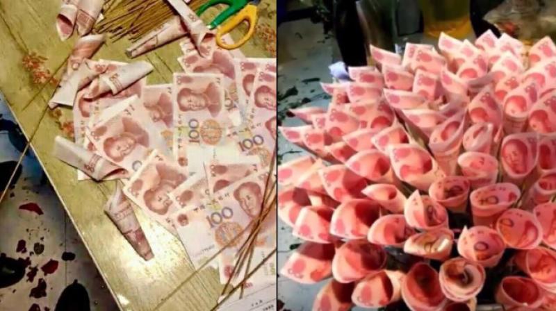 went to the florist with a bag of 10,000 yuan on 13th February as he wanted to give her a real gift. (Photo: Youtube/Facebook - ChinaPlusNews)