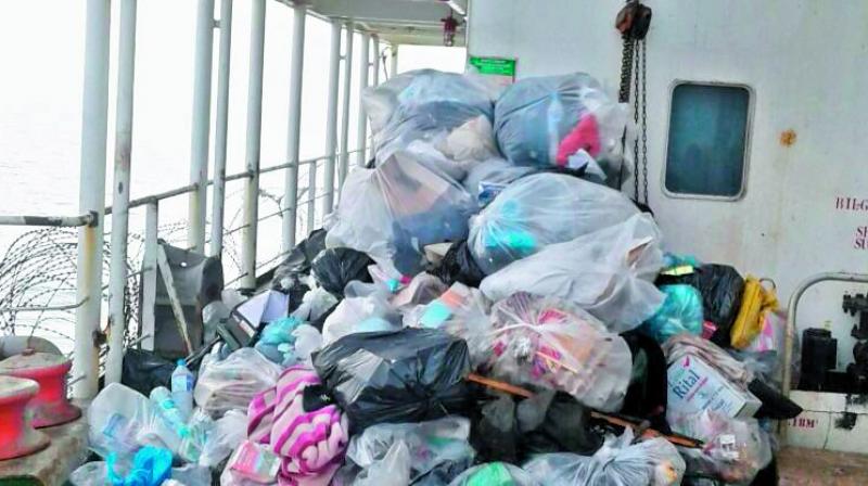 Garbage piled up onboard LPG/C Windor merchant ship, which has been detained by authorities at Djibouti port.
