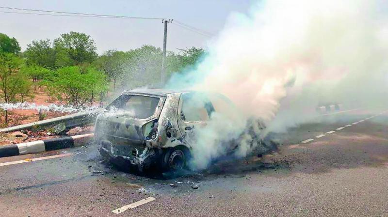 Fire station in-charge G. Anil said, â€œThe fire was so intense that the car was completely gutted. The engine, seats, mirrors and all other components were damaged. The car was handed over to Balanagar police.â€