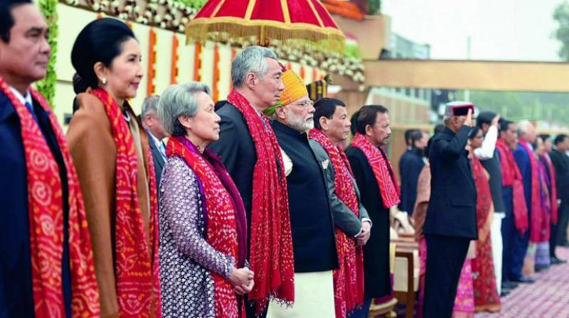 Prime Minister Narendra Modi with the heads of state/governments of Asean countries at the Republic Day parade at the Rajpath in New Delhi. (Photo: PTI)