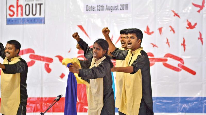 A street play on bonded labour by Mugavari team performed at the launch of Shout For Freedom at Stella Maris College on Monday. (Photo:DC)