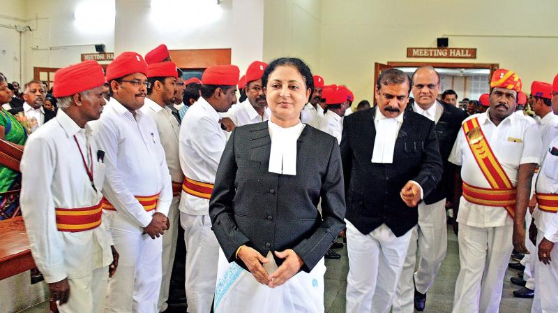 Madras High Court Chief Justice V.K. Tahilramani on her way to take part in reception accorded by Madras high court judges, advocates and office bearers of various Bar Associations on Monday.	(Photo:DC)