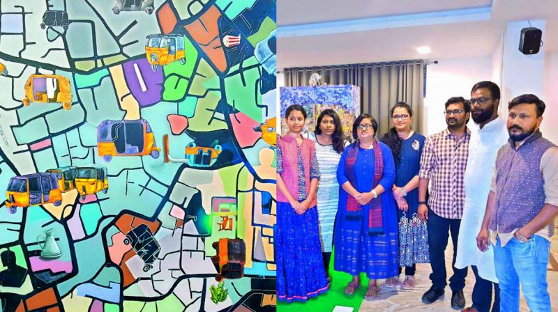 Some of the artworks on display, (left to right) T. Taviti Rajus The City Maze, P. Sravanthis World Within and Saisheela Kureshums Snakes and Ladders.