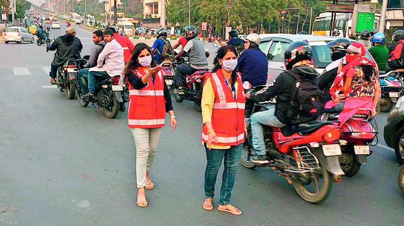 Women techies monitoring traffic at Lemon Tree hotel, Hitec City, on Friday. (Photo: DC)