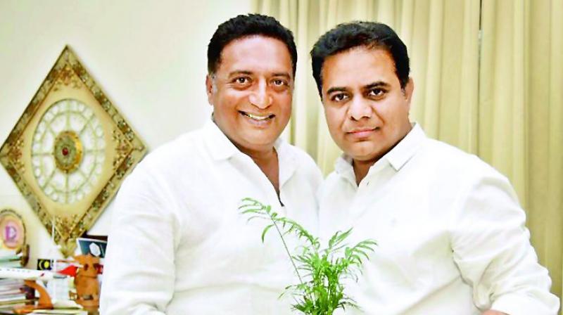 Noted film actor Prakash Raj on Wednesday met TRS working president K.T. Rama Rao. During his 20-minute meet Prakash Raj is said to have told Mr Rama Rao about his plan to contest in the ensuing Parliament elections from Karnataka. (Photo: Twitter)