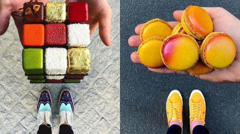 Passion fruit, rhubarb and strawberry macarons paired with sunny yellow shoes (Left). Rubiks cube paired with funky shoes. (Photo: Instagram / Desserted in Paris)