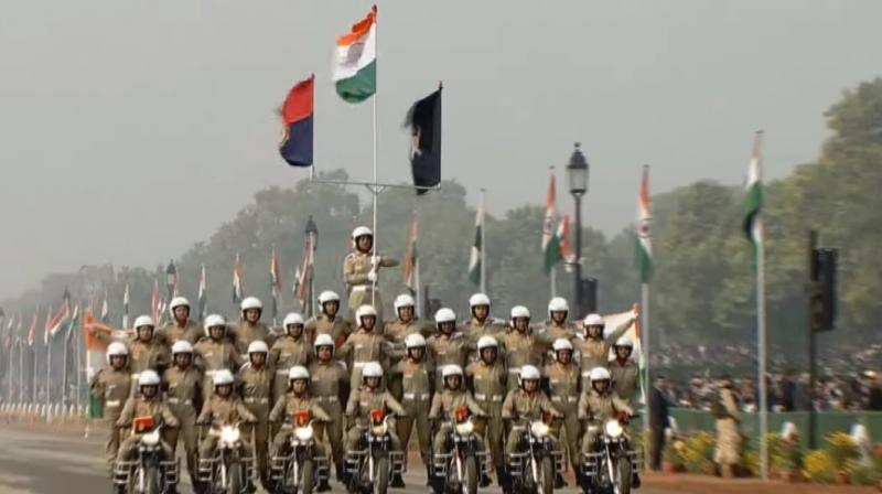 The highlight of the parade was the motorcycle contingent, Seema Bhawani, comprising women personnel of the BSF that showcased their skills for the first time at the parade. (Photo: Twitter | @airnewsalerts)