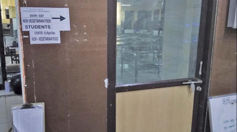 A notice at the entrance of the door at one of the messes in IIT Madras indicate a separate entry for non-veg students. The insitute has announced that it had removed the posters on Friday.