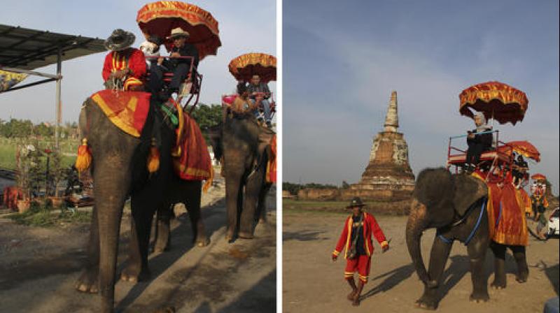 In this Dec. 10, 2016, photo combo, people ride elephants outside a floating market, in Ayutthaya, Thailand. While its important to have a clear subject in your shot, the background can enhance it by placing the scene in context. (Photo: AP)