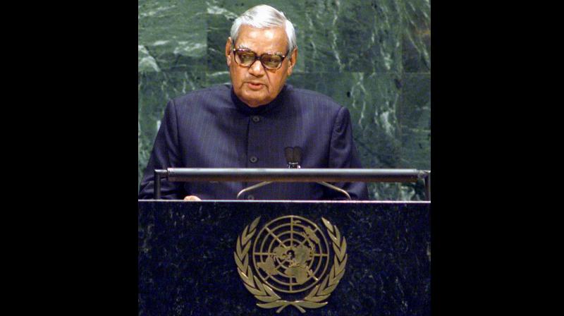 Known for his great oratory skills, Vajpayee first addressed the UNGAs 32nd session in 1977 as the foreign minister under the Janata Party government headed by then prime minister Morarji Desai. (Photo: PTI)
