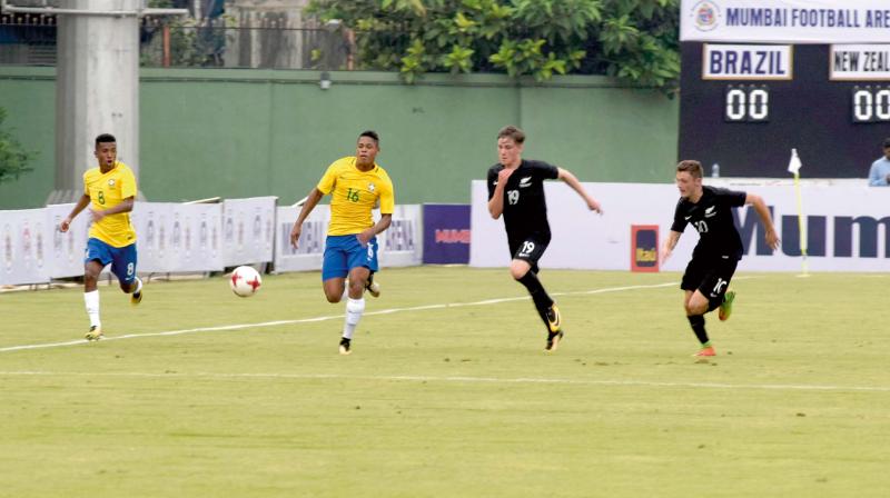 Brazil and New Zealand players at a practice match in Mumbai on Thursday, ahead of the Fifa U-17 World Cup that gets under way on October 6. 	 Shripad Naik