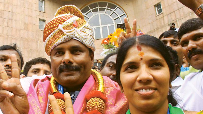 Newly-elected Mayor R Sampath Raj and his deputy Padmavathi Narasimhamurthy at the BBMP office in Bengaluru  (Photo: DC)