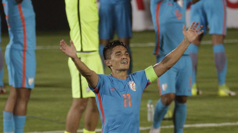 What a feeling! Thank you, India! This win is for the fans who filled the stands, cheered from home and backed and believed in us. The boys and staff pulled together and now its time to enjoy. We regroup soon because the road is long - very long. #Champions,  Chhetri tweeted. (Photo: AP)