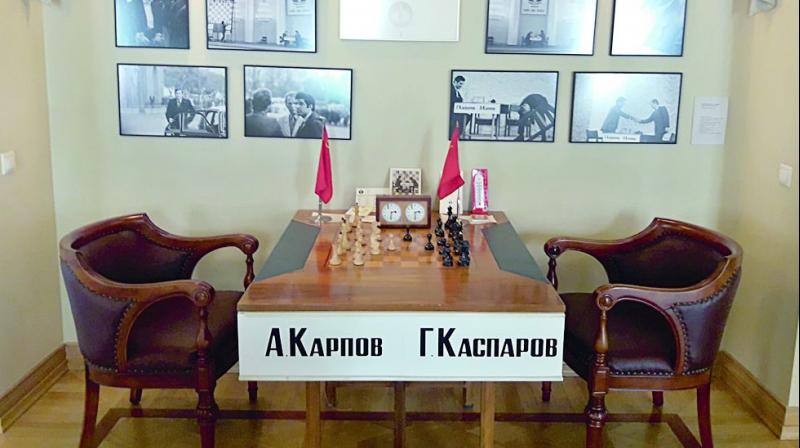 Artefacts of the 1984 world chess championship match between Anatoly Karpov and Garry Kasparov on display.