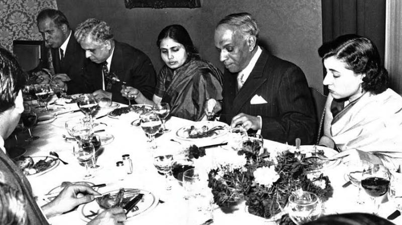 A.C.N. Nambiar (second from right) at dinner with Indira Gandhi at the Indian Consulate in Geneva.