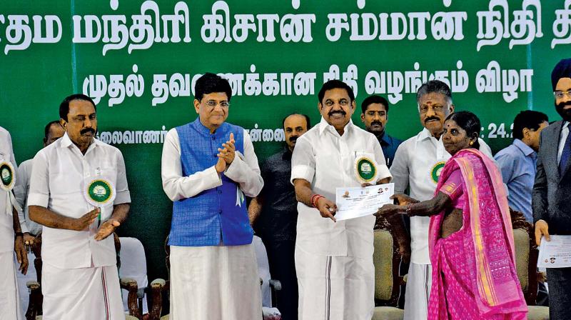 Union minister Piyush Goyal and Tamil Nadu Chief Minister Edappadi K. Palaniswami launch the PM kisan scheme in Chennai on Sunday. Deputy CM O. Panneerselvam and Education minister K. S. Sengottaiyan look on. (Photo: DC)
