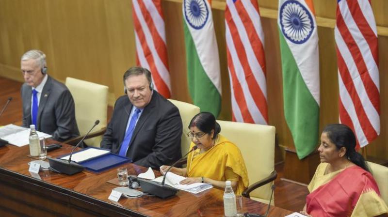 External Affairs Minister Sushma Swaraj, Defence Minister Nirmala Sitharaman, US Secretary of State Mike Pompeo and US Secretary of Defense James Mattis at a joint press conference after the India-US 2 + 2 Dialogue in New Delhi. (Photo: PTI)