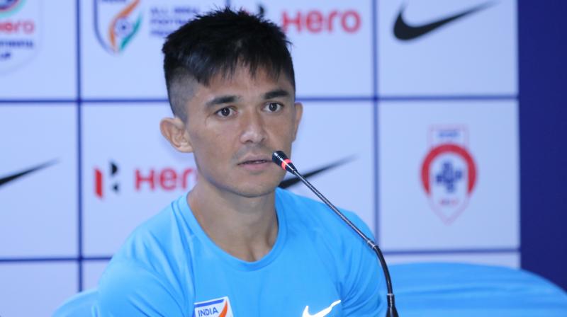 Chhetri, who is set to play his 100th match in national jersey against Kenya in the Intercontinental Cup in Mumbai on Monday, has requested the Indian sports fans through a video uploaded on his Twitter handle to come and watch the team play. (Photo: AIFF Media)