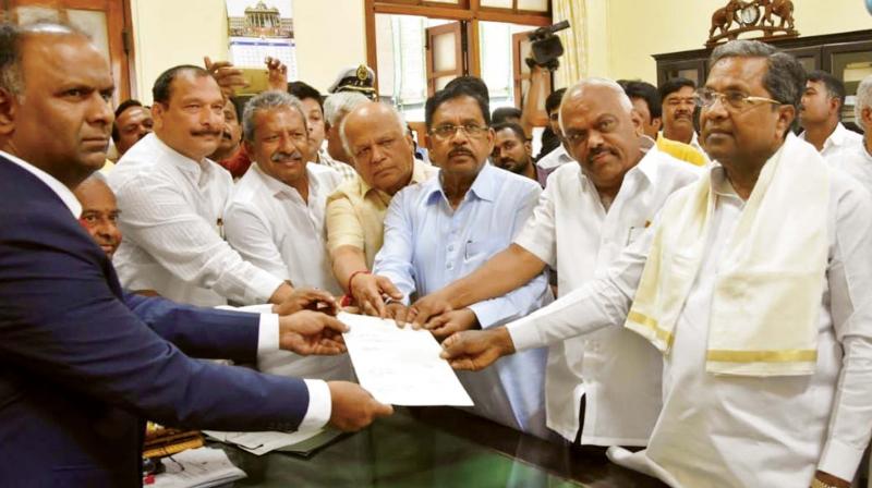Congress MLA Ramesh Kumar filing his nomination papers for the post of assembly speaker in Bengaluru on Thursday.  (Photo:DC)