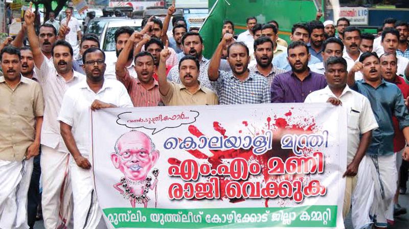 Youth League workers take out a protest demanding the resignation of M.M. Mani in Kozhikode on Monday. (Photo: VENUGOPAL)
