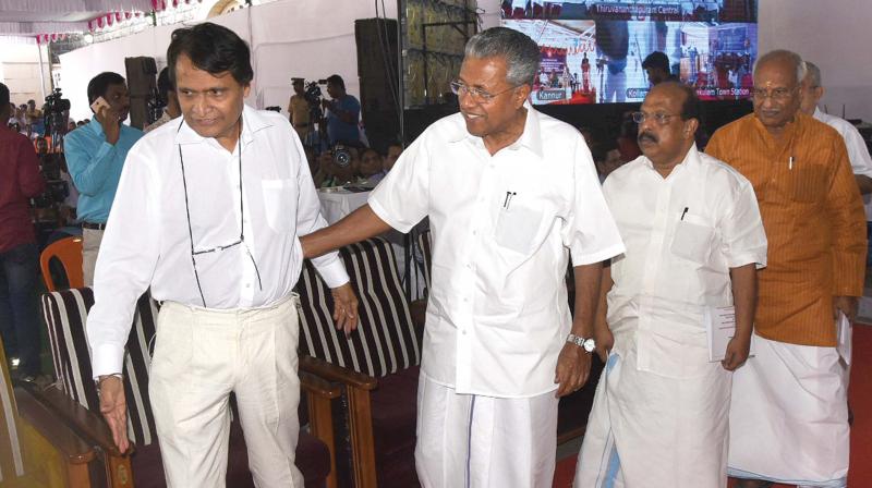 Chief Minister Pinarayi Vijayan accompanies Union Railway Minister Suresh Prabhu for the inauguration of the women facilitation center at Thiruvananthapuram Central railway station on Monday. (Photo: PEETHAMBARAN PAYYERI)