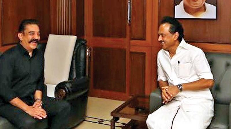 MNM founder Kamal Haasan on Monday calls on DMK working president M.K. Stalin regarding the Cauvery meet to be held on May 19. (Photo: DC)