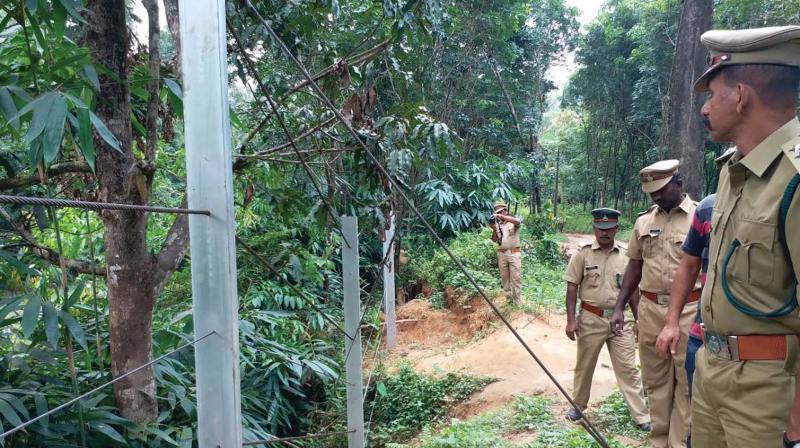 Forest officials at the site where crash guard rope fencing has been set up at Mankulam forest division.