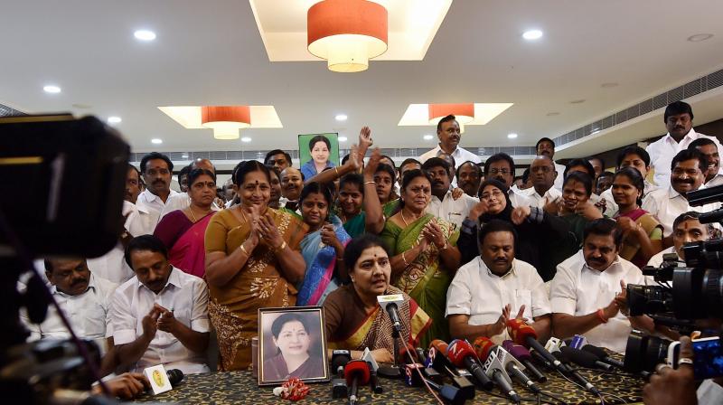 AIADMK General Secretary VK Sasikala briefing the press along with partys MLAs at the resort in Koovathur at East Coast Road, outskirts of Chennai. (Photo: PTI)
