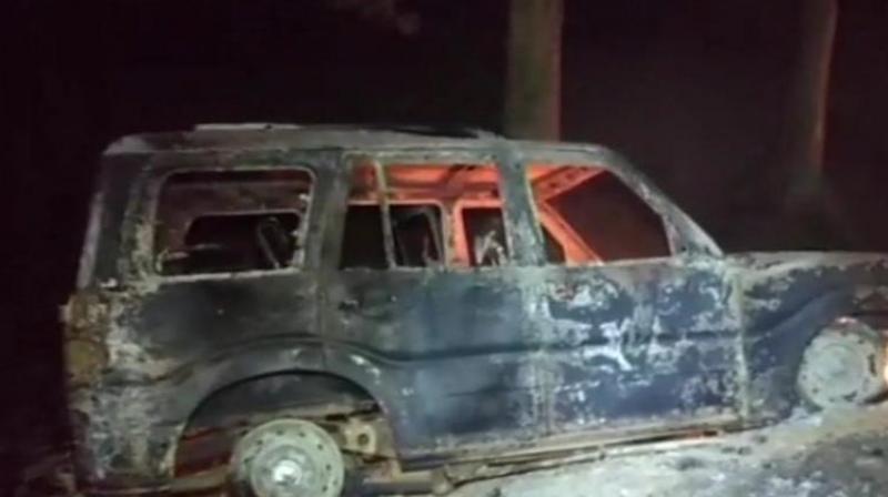 Irate villagers intercepted the vehicle, but its occupants fled. The mob set the SUV on fire, Avakash Kumar, Superintendent of Police, Bhojpur, said. (Photo: ANI)