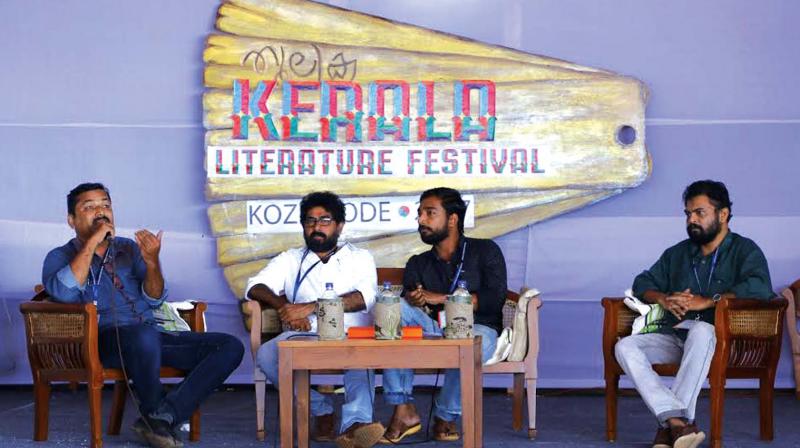 Shibu Muthatt, Gireesh P.C, Bineesh Puthuppanam and A. Shantha Kumar during a discussion on theatre activism on campus during the Kerala Lit Fest here at Kozhikode Beach on Thursday. (Photo: DC)