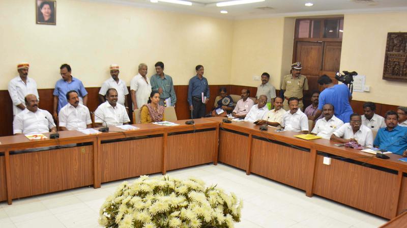 AIADMK ministers with Jacto-GEO convenors at a meeting in Chennai on Monday. (Photo: DC)