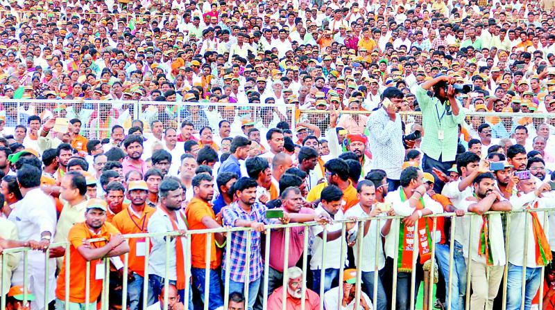 Thousands of BJP supporters gathered at the MSV College ground at Mahbubnagar to listen to party chief Amit Shah on Saturday.