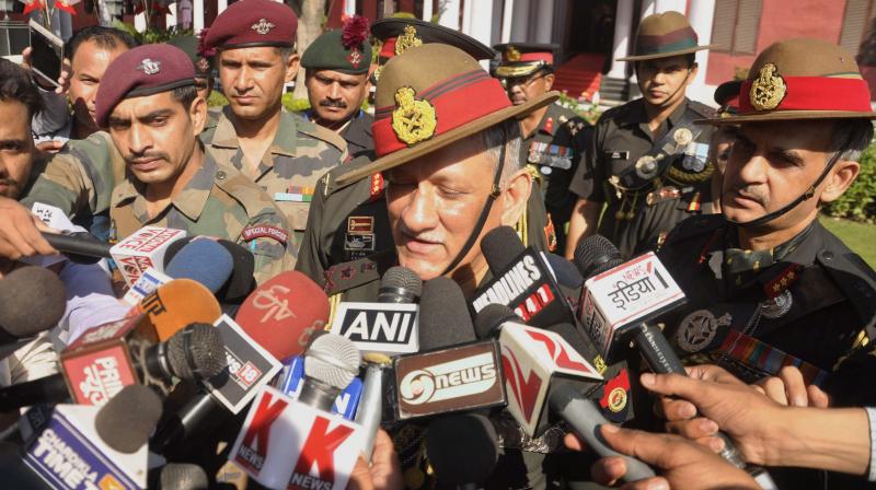 Army chief Gen Bipin Singh Rawat taking to the media after a Passing out Parade at the Indian Military Academy in Dehradun on Saturday. (Photo: PTI)