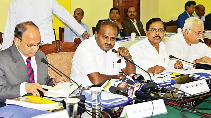 Chief Minister H.D. Kumaraswamy addresses a meeting of DCs and ZP CEOs at Vidhana Soudha in Bengaluru on Monday. (Photo:KPN)