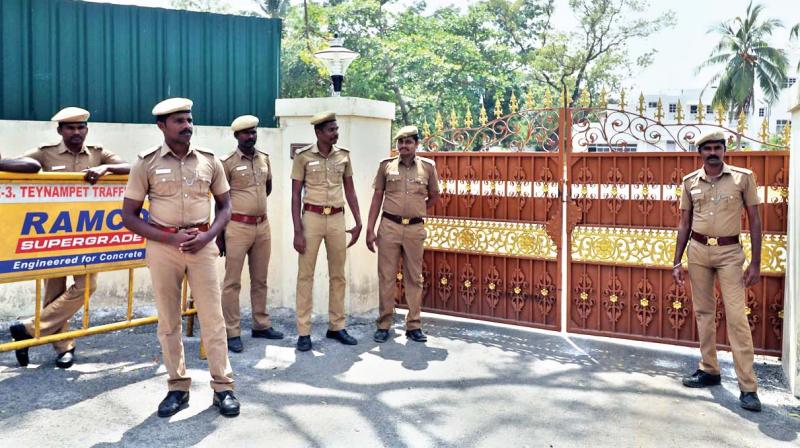 A contingent of police deployed outside Tamil Nadu assembly speaker, P. Dhanpals house on Sunday. (Photo: DC)