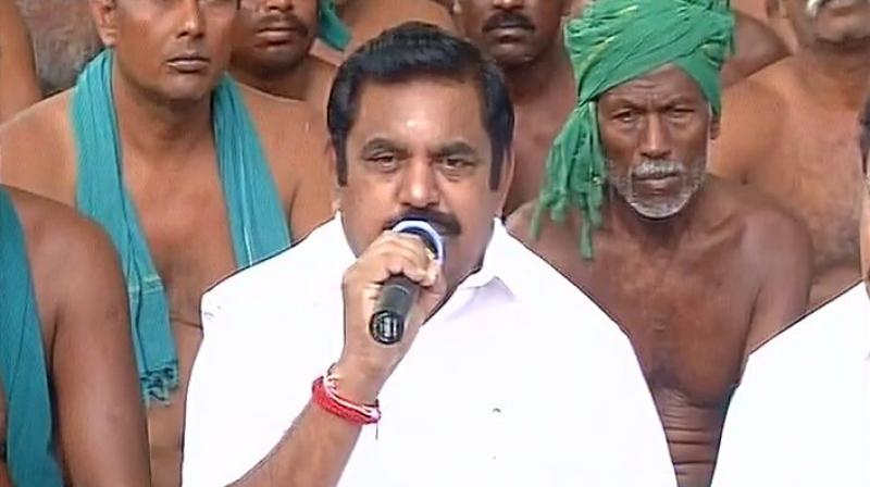 Tamil Nadu Chief Minister Edappadi K Palanisamy after meeting protesting farmers at Jantar Mantar. (Photo: ANI Twitter)