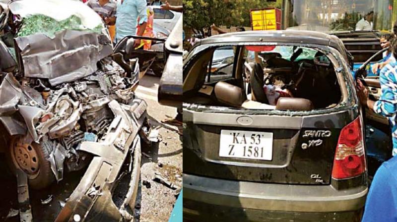 A BMTC bus and a car collided on the Old Airport Road on Wednesday. (Right) The badly mangled car (Image DC)