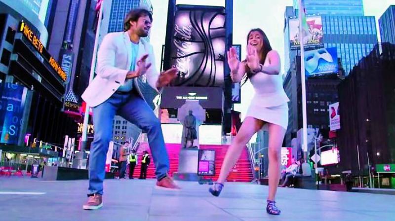 A still from Subramanyam for Sale, shot at Times Square in New York.