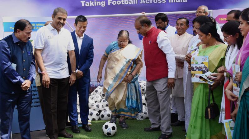 The occasion was the presentation of footballs to MPs of both houses of Parliament by Lok Sabha Speaker Sumitra Mahajan. (Photo: PTI)