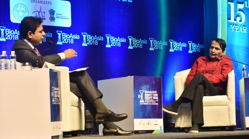 Union minister of commerce and industry Suresh Prabhu in a fireside chat with Telangana IT minister K.T. Rama Rao on the third day of the 15th edition of BioAsia at HICC on Saturday.   	DC