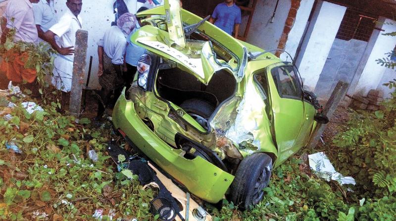 The car that rammed into a building in Perumbavoor on Sunday killing two persons. (Photo:  DC)