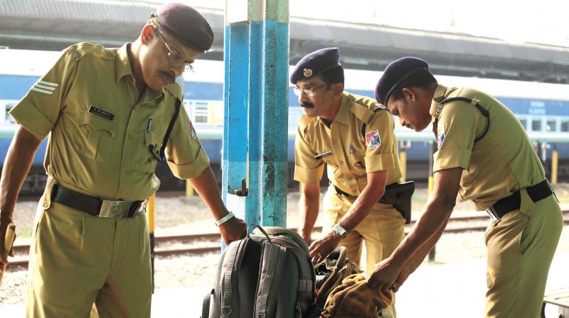 RPF officials conduct an inspection at Kozhikode railway station on Sunday. 	(Photo:  DC)