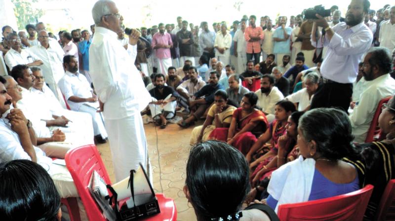 CPM Kannur district secretary P. Jayarajan addresses the protesters on Kannur Medical College campus on Sunday. (Photo: DC)