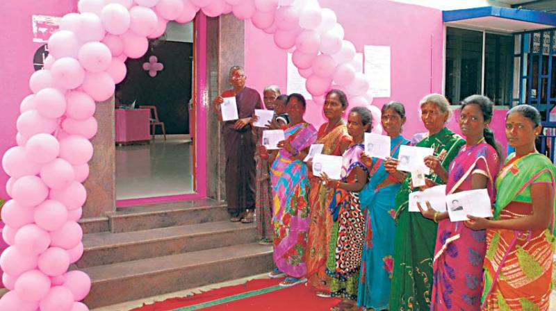 Women wait in queue at a pink booth, meant only for women, to cast their votes during Lok Sabha bypoll in Mandya on Saturday. (KPN)