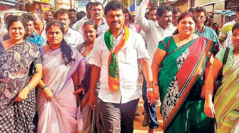 BJP candidate for Shivamogga, B.Y. Raghavendra campaigns in this file photo