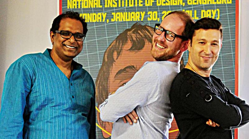 Comic book and cartoon creators Ram Devineni, Benjamin Dix and Dan Goldman during a workshop at the National Institute of Design in Bengaluru on Monday. (Photo: DC)